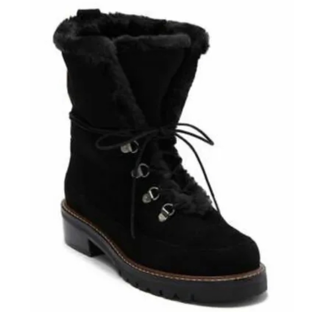Stuart Weitzman Black Suede Leather Lug Sole Faux Fur Lined Boot Size 8